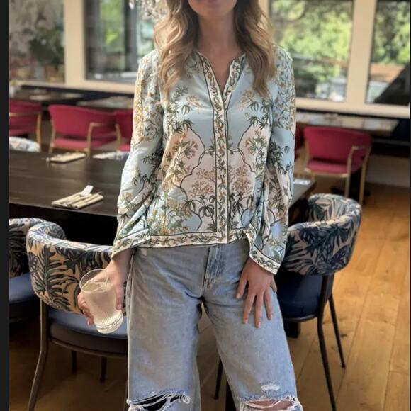 Derek Lam Blue Floral Button Up Shirt Size 10 Challis Vacation Designer $300 - Picture 9 of 13